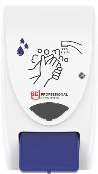 Deb Stoko Cleanse Light dispenser for kremesåpe med renseeffekt, hvit plast med blå trykknapp, 2 L